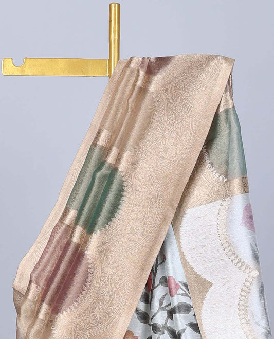 Gold jacquard semi-banaras tissue saree, floral design border & pallu of floral design