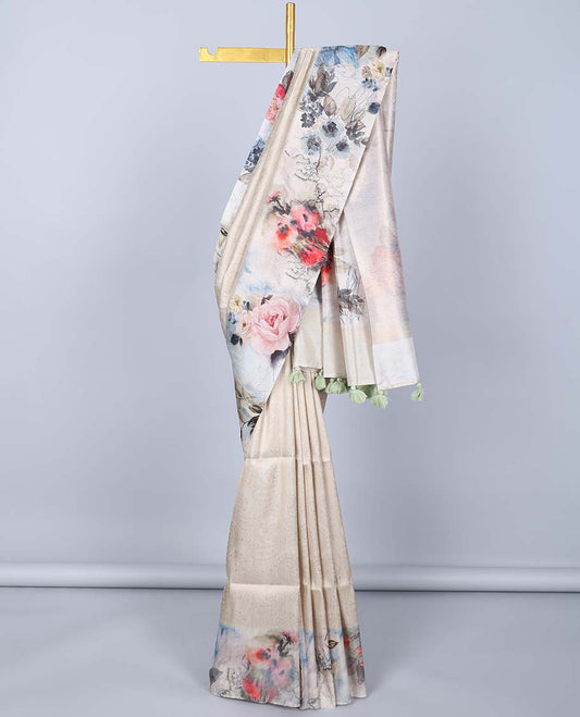 Beige paisley design semi banaras tissue saree, self-border & pallu of floral print