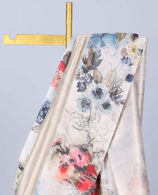 Beige paisley design semi banaras tissue saree, self-border & pallu of floral print