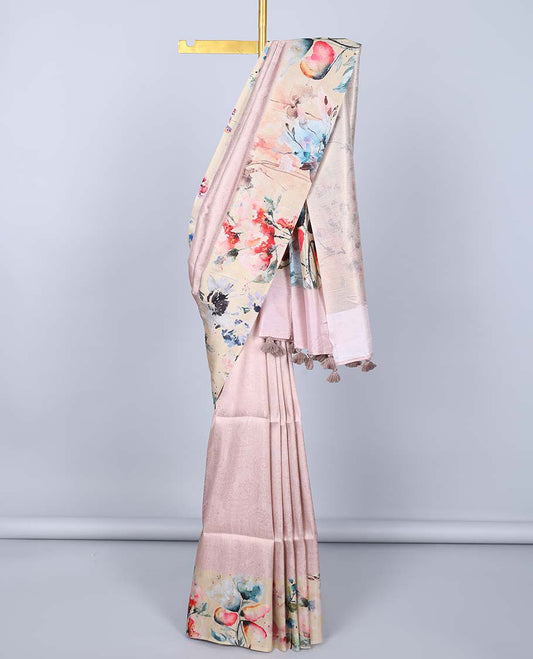 Pink paisley design semi banaras tissue saree, self-border & pallu of floral print