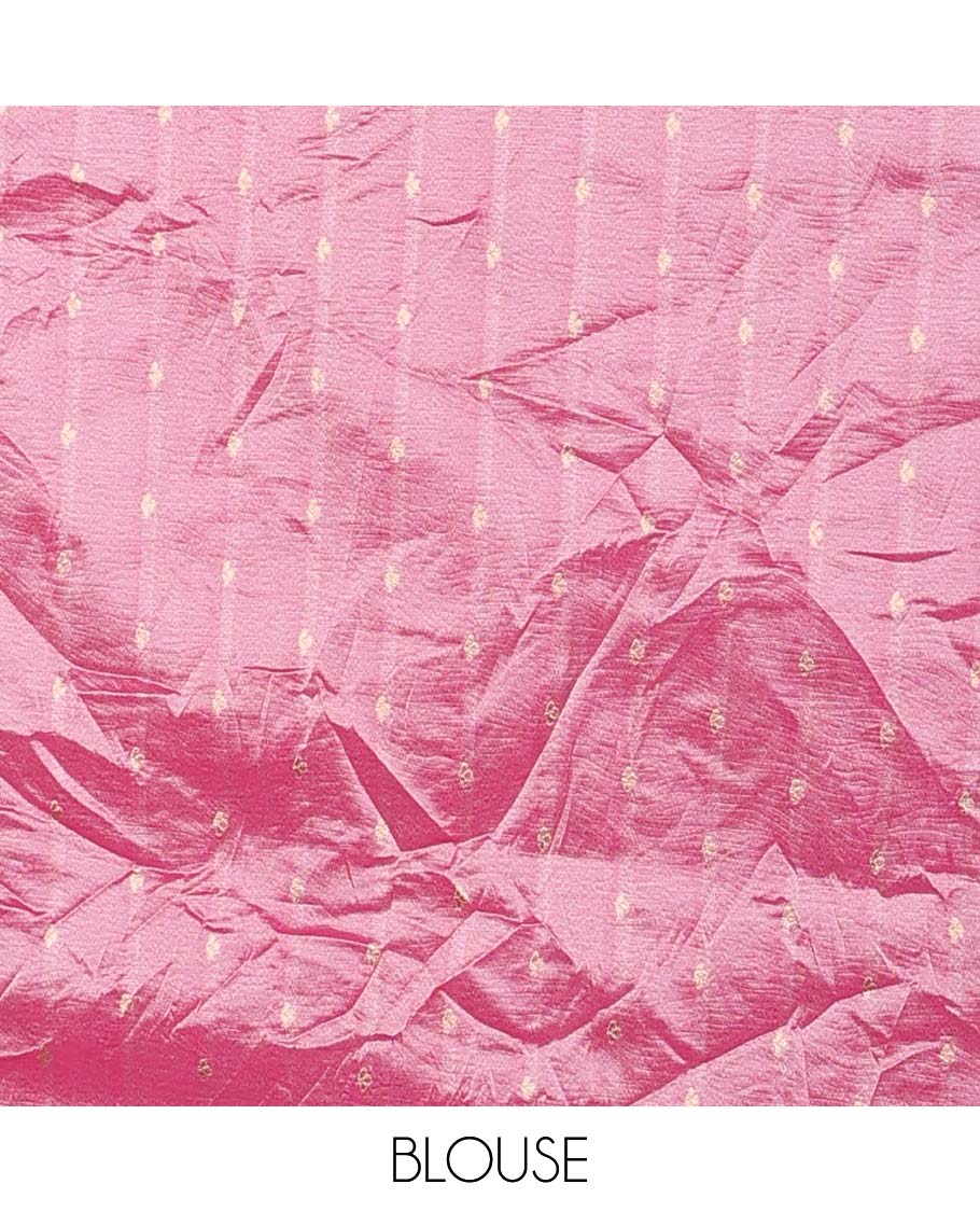 Pink geometric patterned semi-banaras tissue saree, traditional design border & geometric patterned pallu