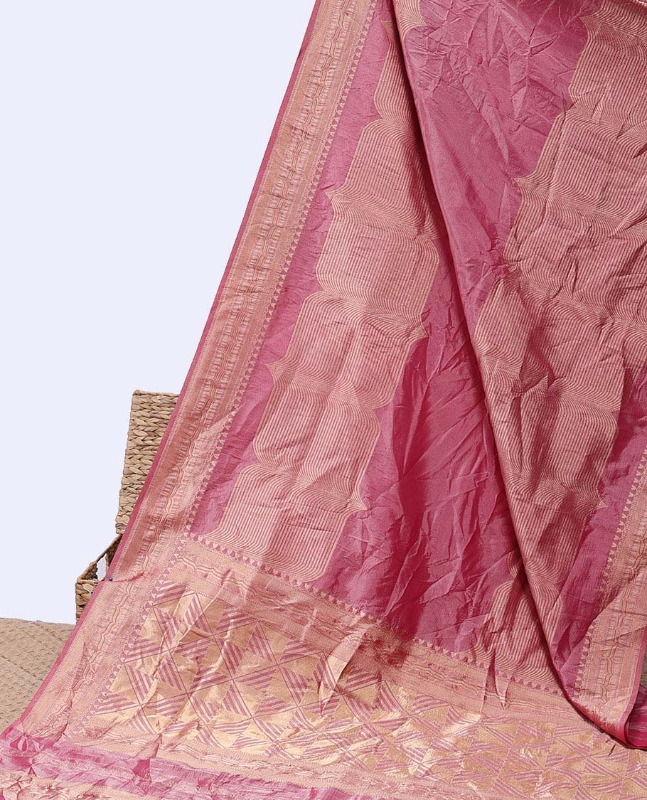 Pink geometric patterned semi-banaras tissue saree, traditional design border & geometric patterned pallu