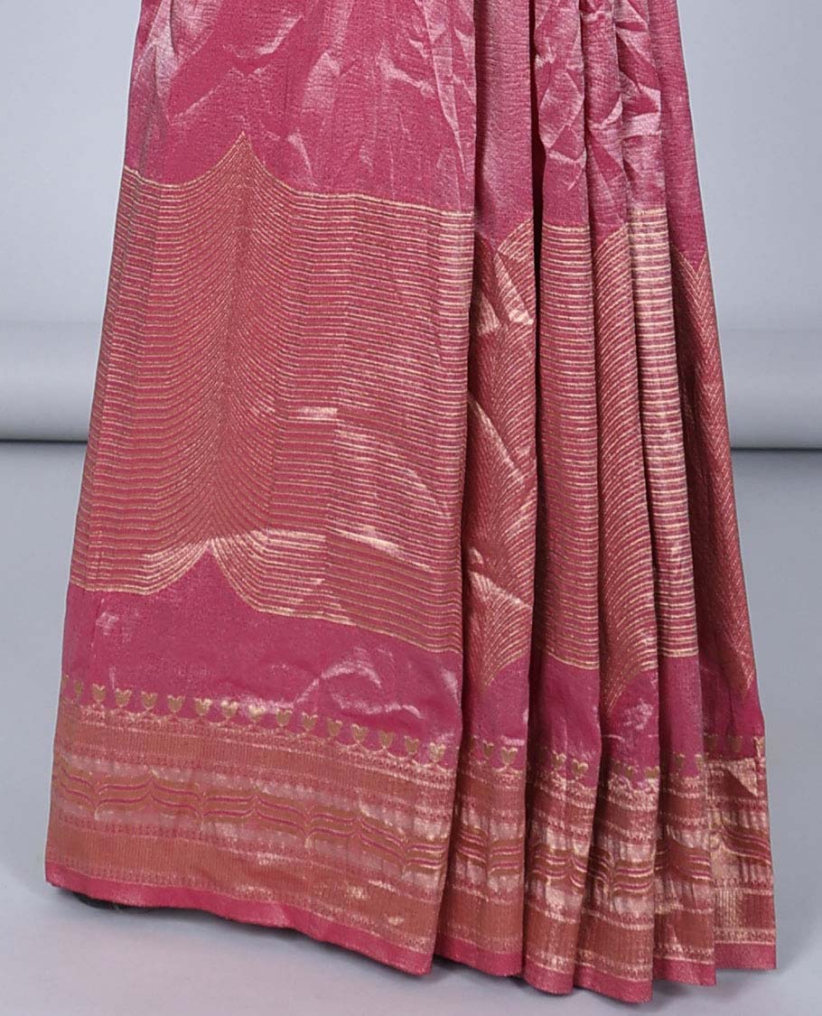 Pink geometric patterned semi-banaras tissue saree, traditional design border & geometric patterned pallu