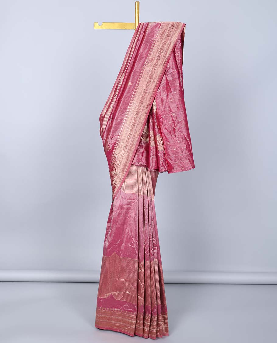 Pink geometric patterned semi-banaras tissue saree, traditional design border & geometric patterned pallu