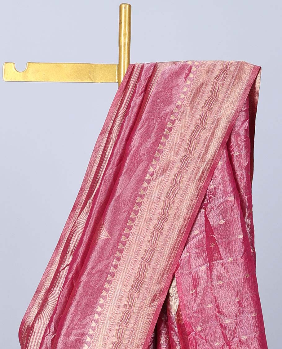 Pink geometric patterned semi-banaras tissue saree, traditional design border & geometric patterned pallu