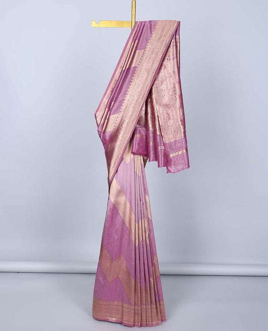 Pink geometric patterned semi-banaras tissue saree, traditional design border & pallu of intricate designs
