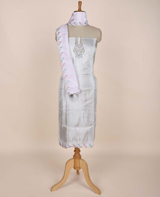 Silver chudidhar material set, neck embroidered top, contrast solid bottom & scallop embroidered dupatta