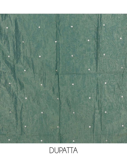 Green chudidhar material set, floral printed & embroidered top, solid bottom & scallop embroidered dupatta