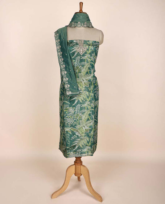 Green chudidhar material set, floral printed & embroidered top, solid bottom & scallop embroidered dupatta