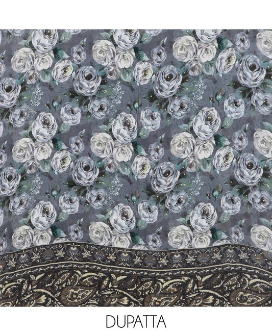 Grey chudidhar material set, floral printed & embroidered top, leaf printed bottom & floral printed dupatta