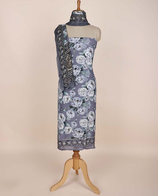 Grey chudidhar material set, floral printed & embroidered top, leaf printed bottom & floral printed dupatta