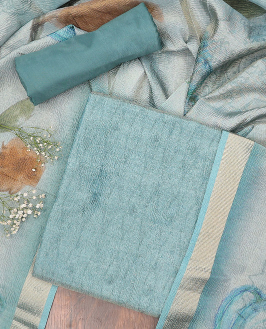 Blue chudidhar material set, abstract printed top, plain bottom & abstract printed dupatta