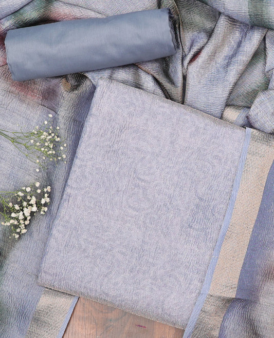Grey chudidhar material set, unique  printed top, plain bottom & abstract printed dupatta
