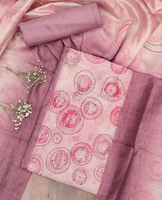 Pink chudidhar material set, uniquely printed & embroidery top, plain bottom & geometric printed dupatta