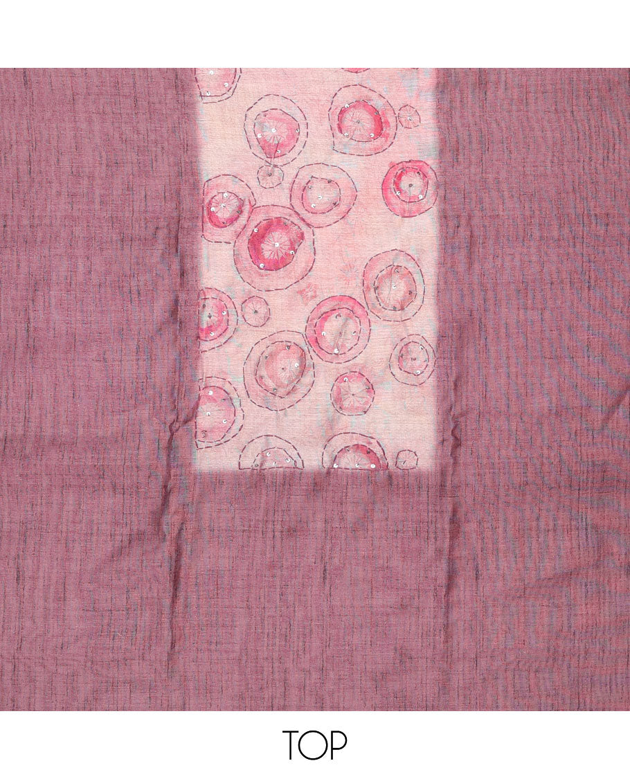 Pink chudidhar material set, uniquely printed & embroidery top, plain bottom & geometric printed dupatta