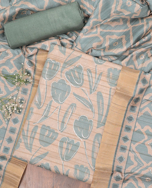 Green chudidhar material set, floral printed & embroidered top, plain bottom & geometric printed dupatta