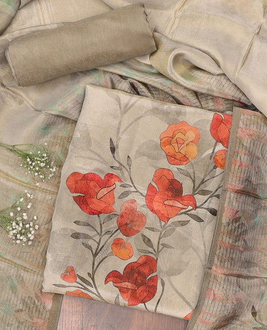 Green chudidhar material set, floral printed & embroidered top, plain bottom & striped & floral printed dupatta