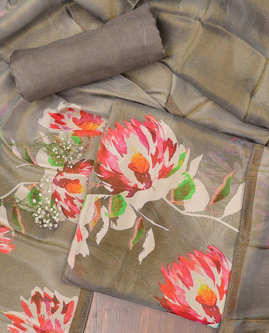 Green chudidhar material set, floral printed & embroidered top, plain bottom &  floral printed dupatta