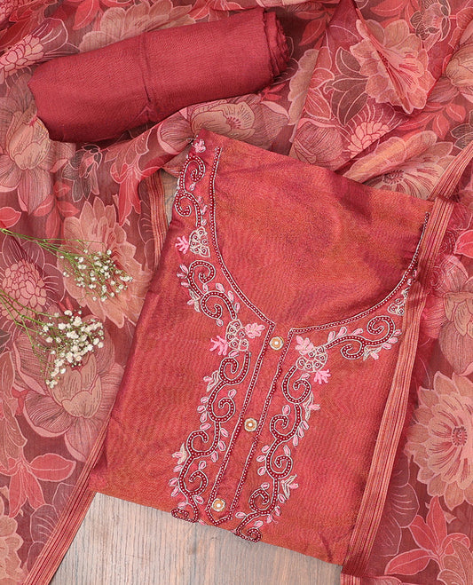 Red chudidhar material set, embroidered top, plain bottom & floral printed dupatta