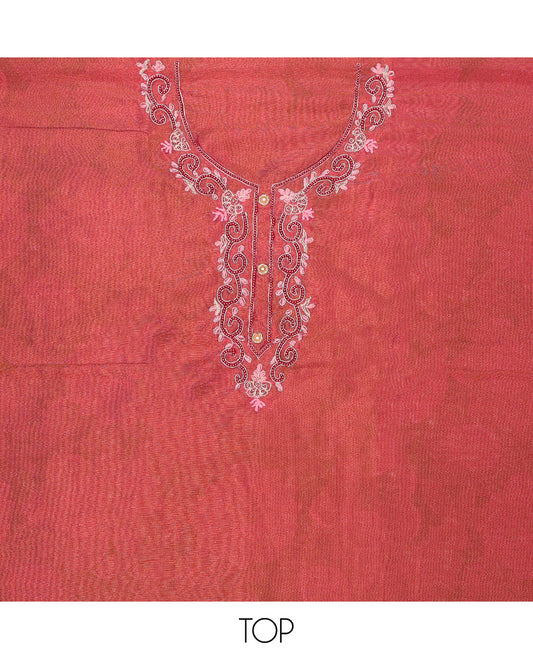 Red chudidhar material set, embroidered top, plain bottom & floral printed dupatta