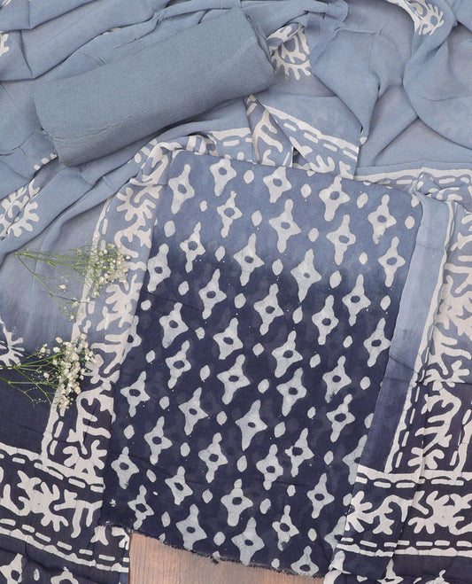 Grey chudidhar material set, unique batik printed top, plain bottom & batik printed dupatta