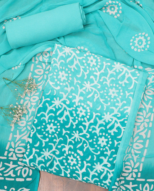 Turquoise chudidhar material set, unique batik printed top, plain bottom & batik printed dupatta