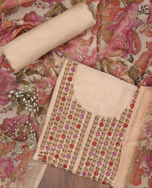 Pale orange chudidhar material set, floral embroidered linen top, plain bottom & floral printed dupatta