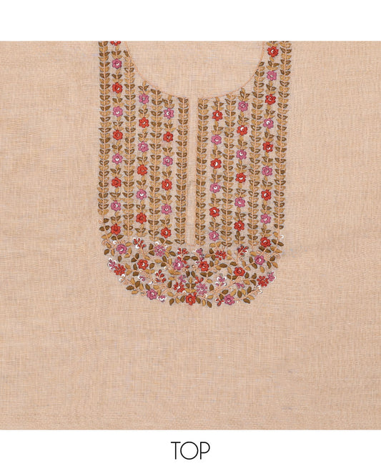 Pale orange chudidhar material set, floral embroidered linen top, plain bottom & floral printed dupatta