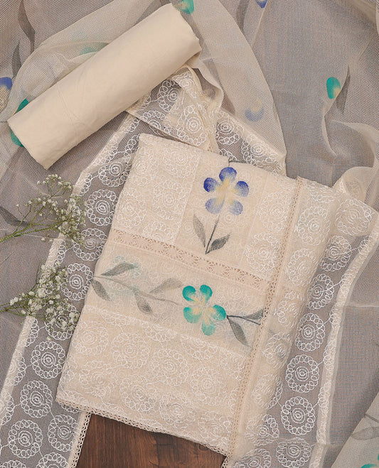 Lite sandal chudidhar material set,floral print & embroidered kota top,plain bottom & floral print & embroidered dupatta