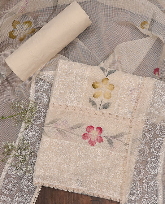 Lite sandal chudidhar material set,floral print & embroidered kota top,plain bottom & floral print & embroidered dupatta