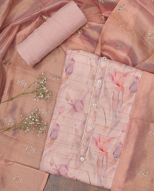 Pink chudidhar material set, floral printed tissue top, plain bottom & sequins embroidered dupatta