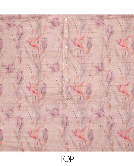 Pink chudidhar material set, floral printed tissue top, plain bottom & sequins embroidered dupatta