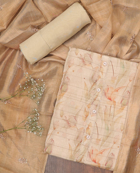 Sandal chudidhar material set, floral vine printed tissue top, plain bottom & sequins embroidered dupatta