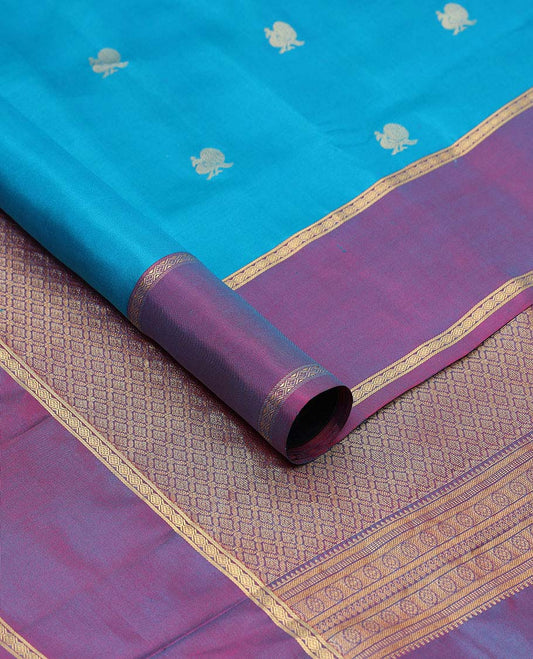 Blue mayil buttas nine-yard silksaree, contrast jaal pallu & zari rettai pettu border of banaras & diamond designs