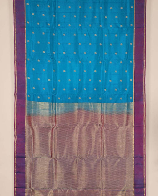 Blue mayil buttas nine-yard silksaree, contrast jaal pallu & zari rettai pettu border of banaras & diamond designs