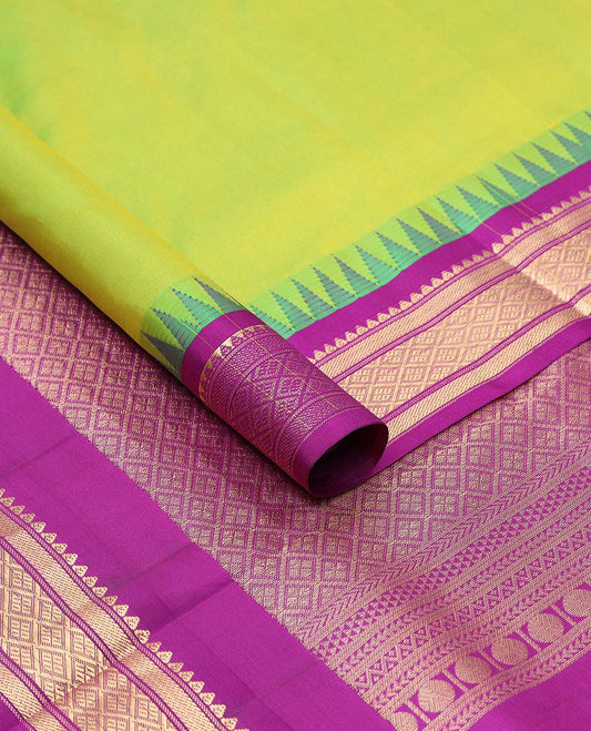 Green plain nine-yard silksaree, contrast jaal pallu & temple border of thilakam,banaras & jaal designs