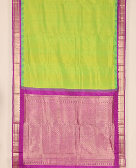 Green plain nine-yard silksaree, contrast jaal pallu & temple border of thilakam,banaras & jaal designs