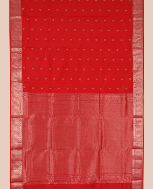 Red zari buttas nine-yard silksaree, geometric patterned pallu & border of thilakam,kathir & laddu kamalam
