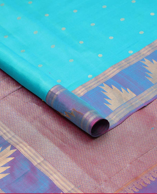 Blue kamalam butta nine-yard silksaree, contrast intricate pallu & zari border of muthu,kathir,kuyil kann,rekku design