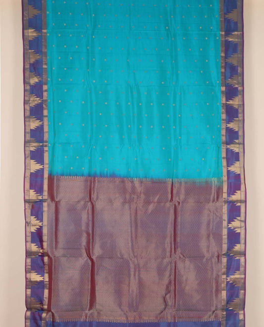 Blue kamalam butta nine-yard silksaree, contrast intricate pallu & zari border of muthu,kathir,kuyil kann,rekku design