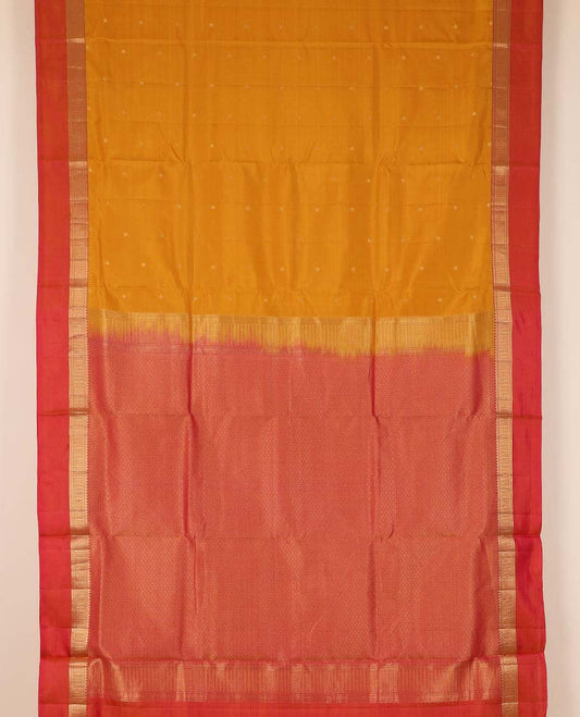 Yellow zari buttas nine-yard silksaree, contrast jaal pallu & border of rekku,muthu,bentex & ara maadam