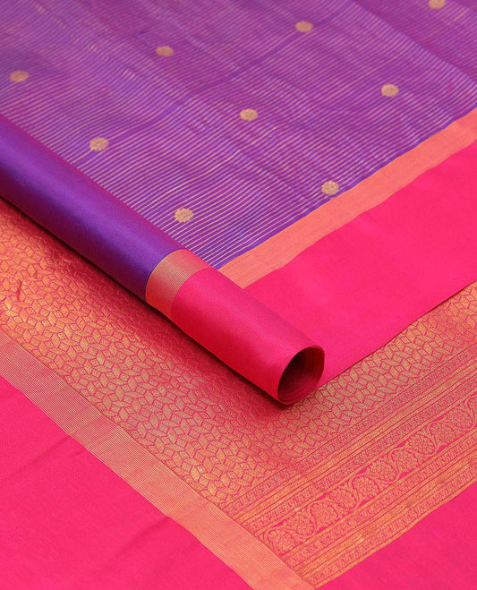 Purple striped & zari buttas nine-yard silksaree, contrast intricate pallu & border of zari stripes