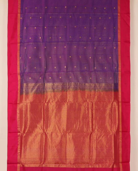 Purple striped & zari buttas nine-yard silksaree, contrast intricate pallu & border of zari stripes