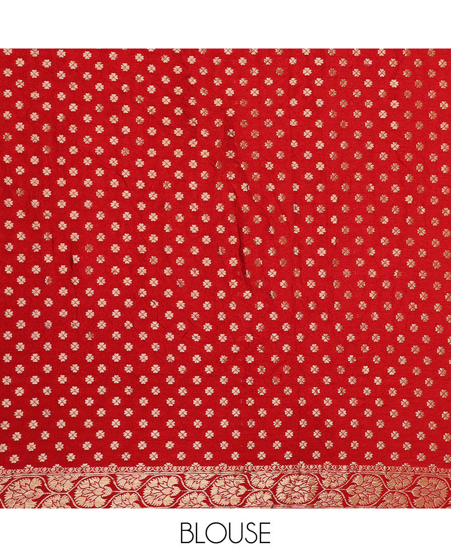Red bandhani saree with chevron & bandhani buttas, zari border & pallu of intricate zari designs & bandhani dots