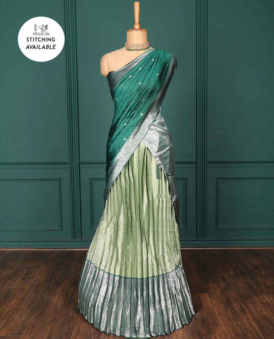 Green jacquard art-silk half-saree, contrast traditional zari design border, jacquard blouse & intricate dupatta