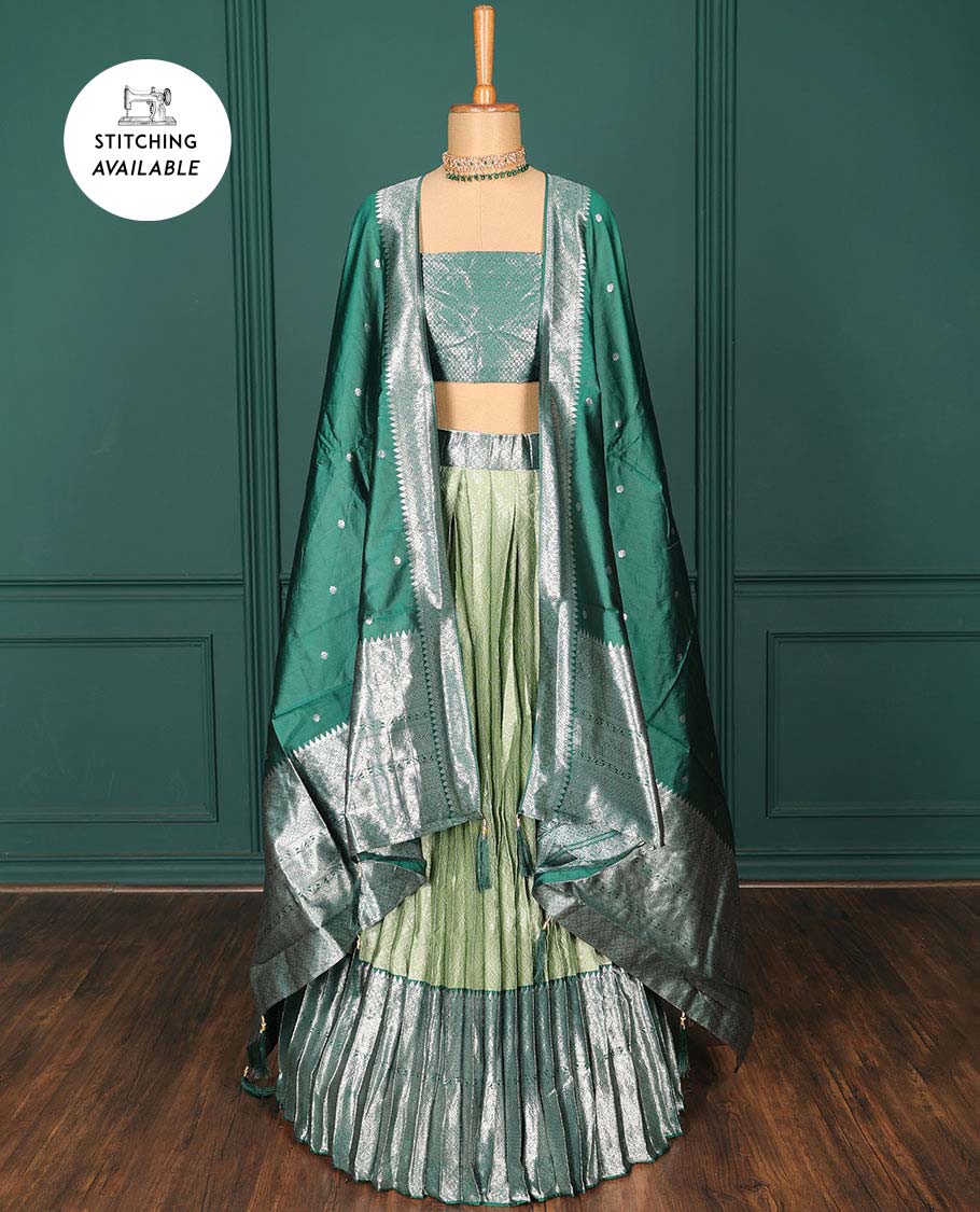 Green jacquard art-silk half-saree, contrast traditional zari design border, jacquard blouse & intricate dupatta