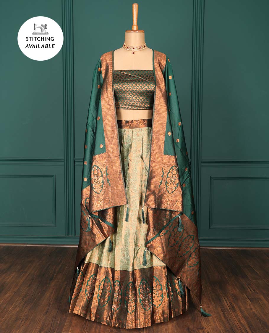 Green jacquard art-silk half-saree, contrast jacquard blouse, traditional design border & intricate dupatta