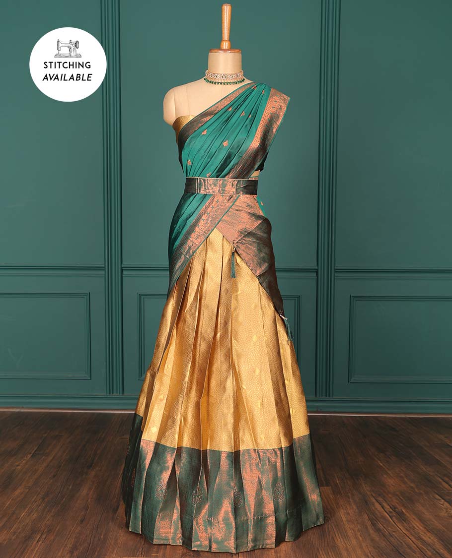 Gold jacquard  art-silk half-saree, contrast zari design blouse, traditional design border & intricate dupatta