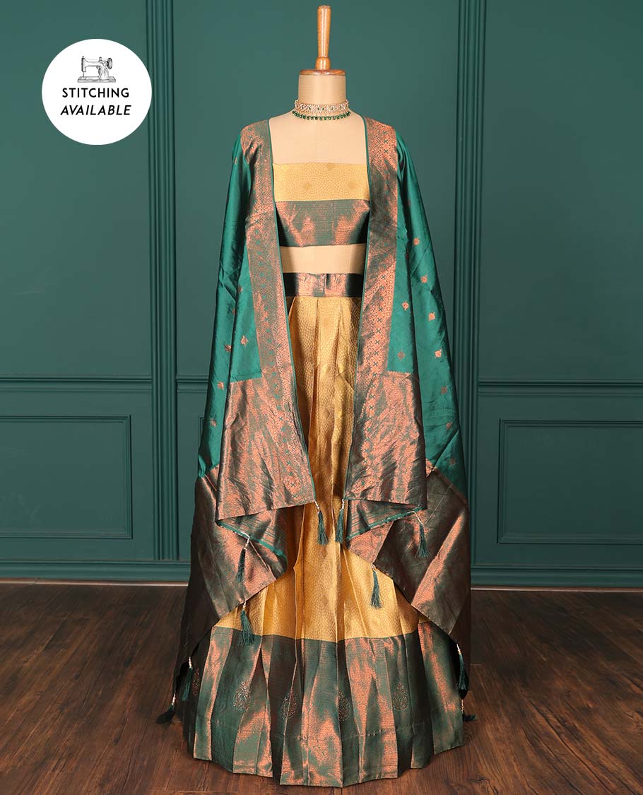 Gold jacquard  art-silk half-saree, contrast zari design blouse, traditional design border & intricate dupatta