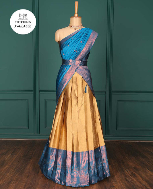 Gold jacquard art-silk half-saree,contrast zari design blouse,traditional design & stonework border & intricate dupatta